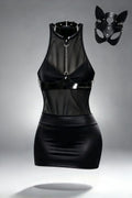 Vicky Harness, Zip Mini Skirt, Bodysuit & Cat Mask - 5-Piece Mesh & Vinyl Set