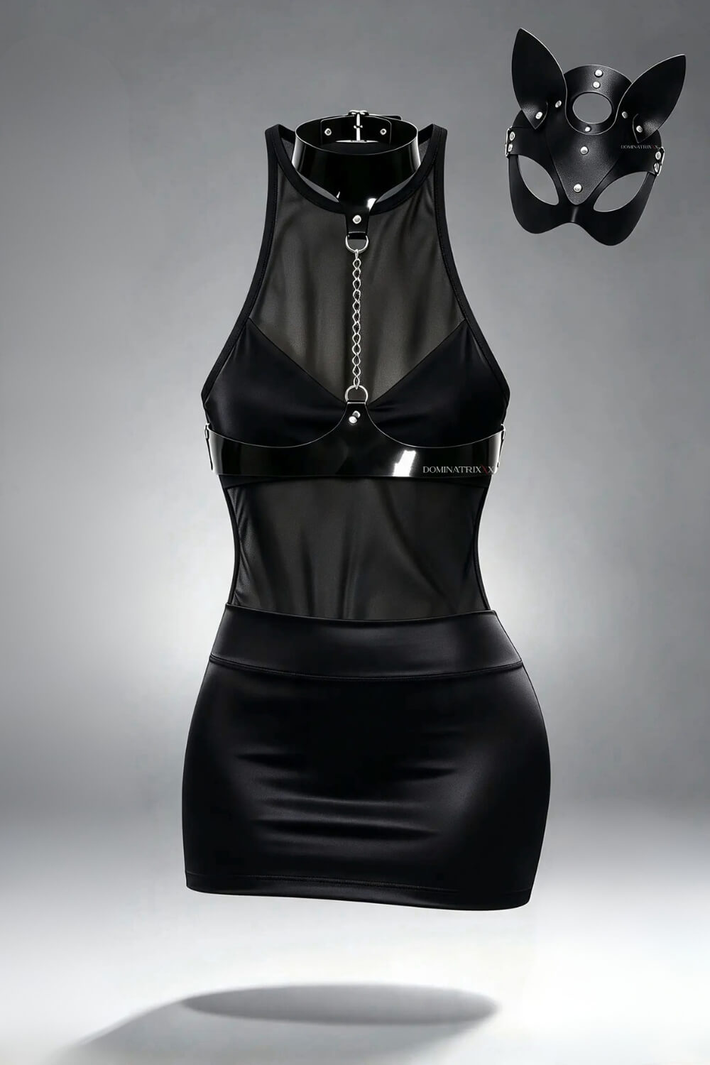 Vicky Harness, Zip Mini Skirt, Bodysuit & Cat Mask - 5-Piece Mesh & Vinyl Set