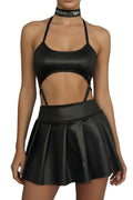 Pleated Mini Skirt & Cutout Bodysuit Set in Glossy Cirré with Adjustable Choker