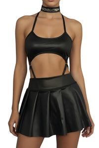 Pleated Mini Skirt & Cutout Bodysuit Set in Glossy Cirré with Adjustable Choker