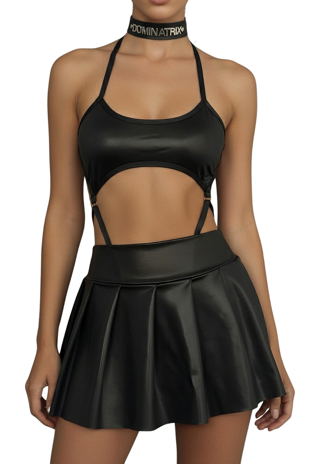 Pleated Mini Skirt & Cutout Bodysuit Set in Glossy Cirré with Adjustable Choker