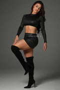 Long-Sleeve Cropped Top, Mini Skirt & String Brief Set